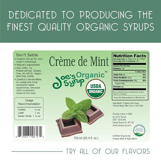 Joe’s Syrup Organic Flavored Syrup, Organic Crème de Mint, 750 ml