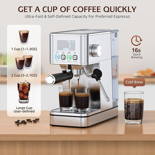 Espresso Machine 20 Bar, Stainless Compact Espresso Maker with Steam Milk Frother, 57.5OZ Water Tank, Touch Screen Indicator of Making Time, for Latte, Cappuccino, Silver Give to Family 2026