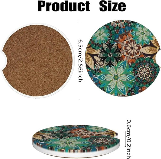 Car Cup Holder Coasters, 2 Pcs Ceramic Coasters with Finger Slot and Cork Back, Anti-Slip Shock Absorbing Women and Men Universal Car Accessories - Vintage Flower