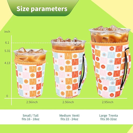 3 Pack Iced Coffee sleeve Insulated Neoprene Cup Sleeves with handle For Cold Drinks Beverages, Reusable Cup Holder for 16oz-32oz Coffee Cups (Groovy Flowers)