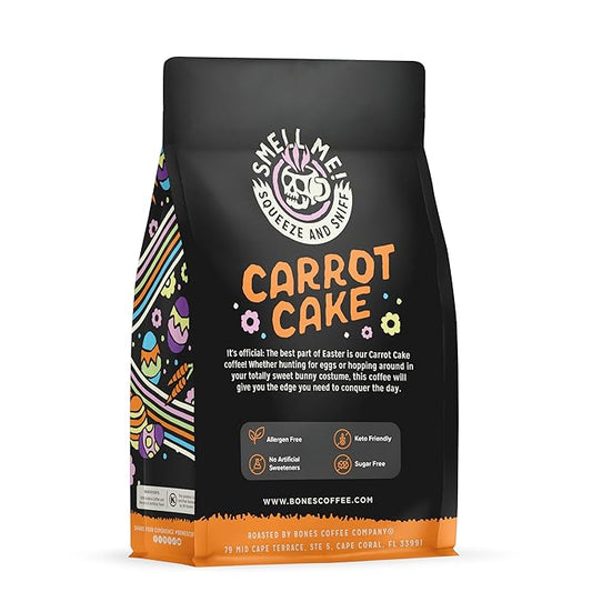 Bones Coffee Company Carrot Cake with Sweet Cream Cheese Flavored Coffee, Medium Roast Low Acid Arabica Beans Compatible with Auto drip and French Press Coffee Maker, 12 Oz Ground