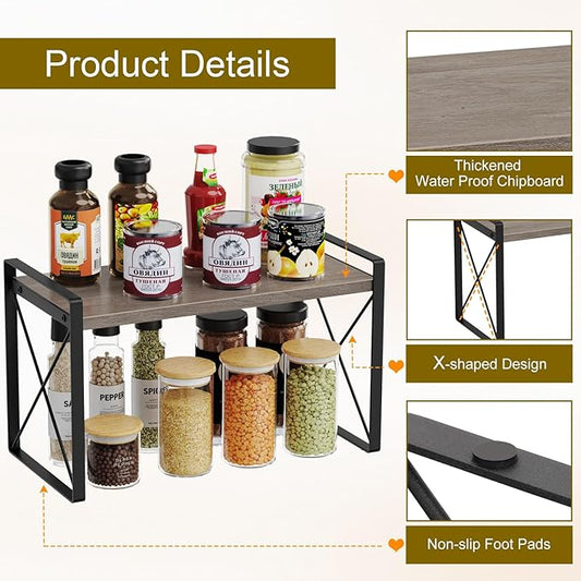 Giikin Kitchen Countertop Organizer, Wood Desk Shelf Riser, Gray Spice Rack for Kitchen Counter, Countertop, Cabinet (15.7 Inches, Gray)