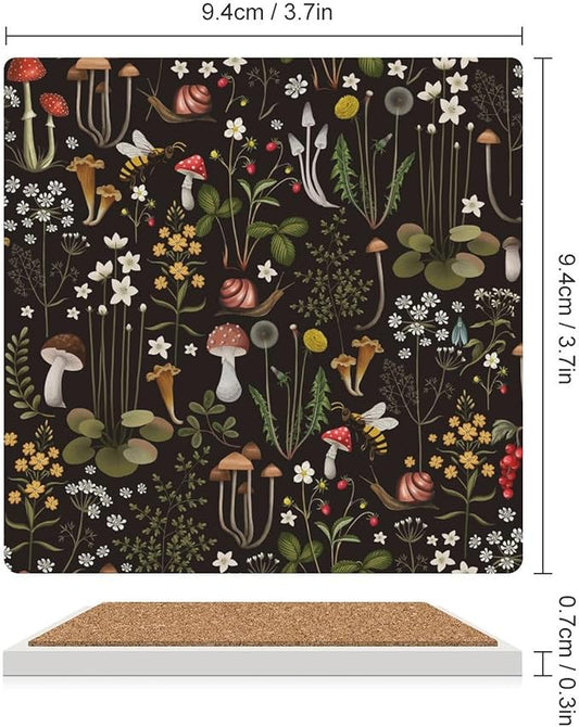 Square-6PCS Botanical Drink Coasters, Square Modern Ceramic Absorbent Coasters, Cartoon Mushroom Floral Plants Pattern Botanical Decor Desk Coffee Table Coaster for Beverage Cup Tea Coasters
