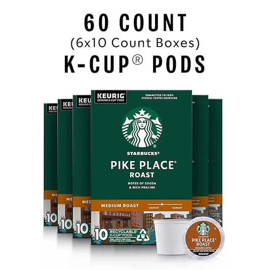 Starbucks K-Cup Coffee Pods, Medium Roast Hot or Iced Coffee, Pike Place Roast, 60 Keurig Pods