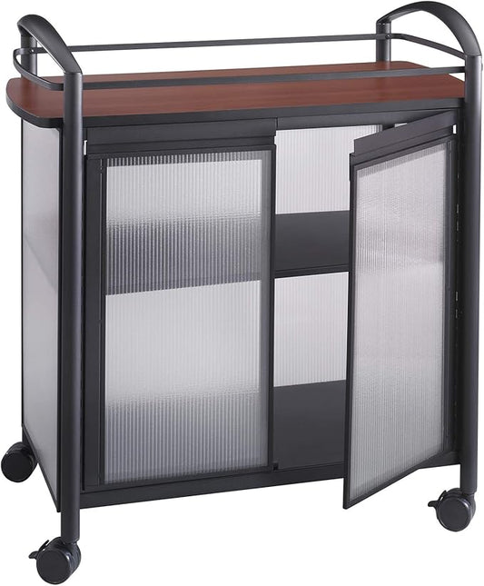 Safco Impromptu Refreshment Cart, 200 lbs. Capacity, Double Doors, Swivel Wheels, Cherry Top, Black Frame