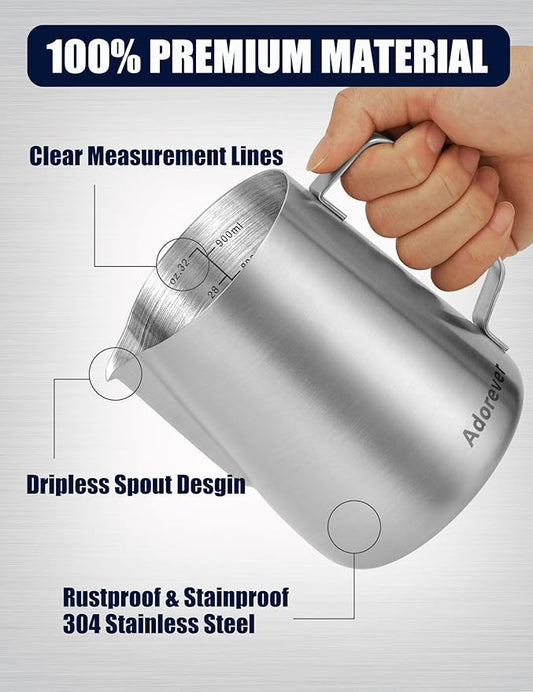 Milk Frothing Pitcher, 32oz Stainless Steel Milk Frother Cup Steaming Pitcher, Cappuccino Espresso Accessories Coffee Bar Barista Tools, Metal Steamer Cup Milk Jug with Latte Art Pen, Matte Steel