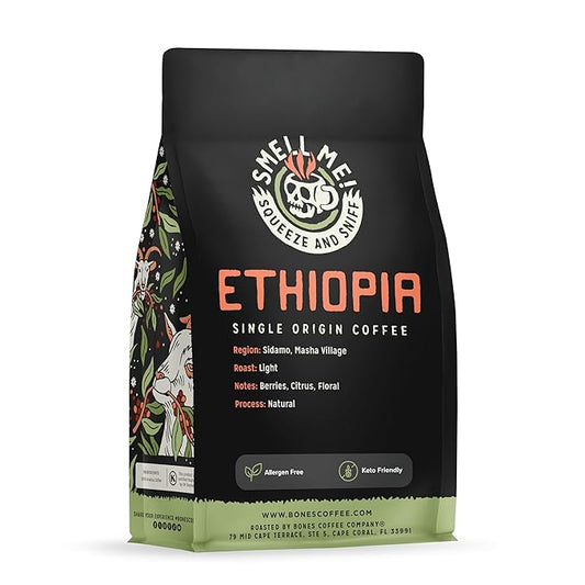 Bones Coffee Company Ethiopia Single-Origin, Citrus, Floral and Berries Notes, Ground Coffee Beans, Low Acid Light Roast Arabica Beans Flavored Coffee, 12 oz Ground
