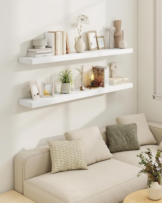 Marsmiles 24" Floating Shelves for Wall, Wooden Shelves with Invisible Brackets Set of 2, Rustic Farmhouse Wall Mounted Shelf for Kitchen Bathroom Living Room Study, White