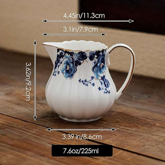 7.6oz Creamer Pitcher,Small Milk Jug with Handle,Small Milk Pitcher Cup for Coffee, Sauces, Salad (White with blue flower)