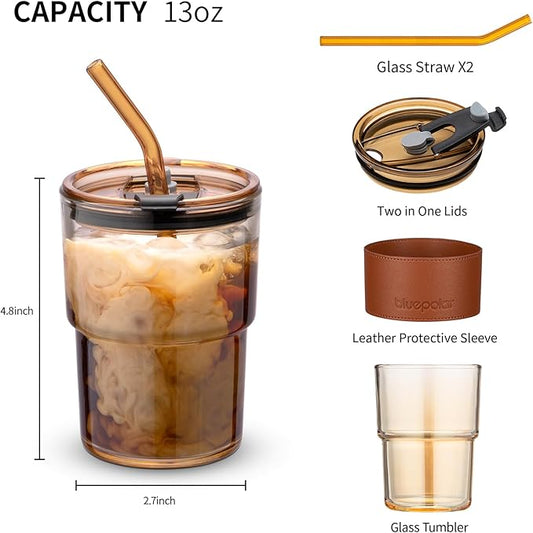 13oz/400ml Tumbler Water Glass, Cups with Straw and Lid Sealed Carry on for Coffee, Iced Tea, Thick Wall Insulated Glass Cup (Amberwith Protect Sleeve)