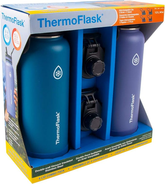 ThermoFlask Stainless Steel Water Bottles 2-Pack - Double-Wall Vacuum Insulated 40 oz BPA-Free Spout Lids - Keeps Drinks Cold 24 Hrs, Hot 12 Hrs - Leakproof, Dishwasher Safe, Superior Blue/Mauve