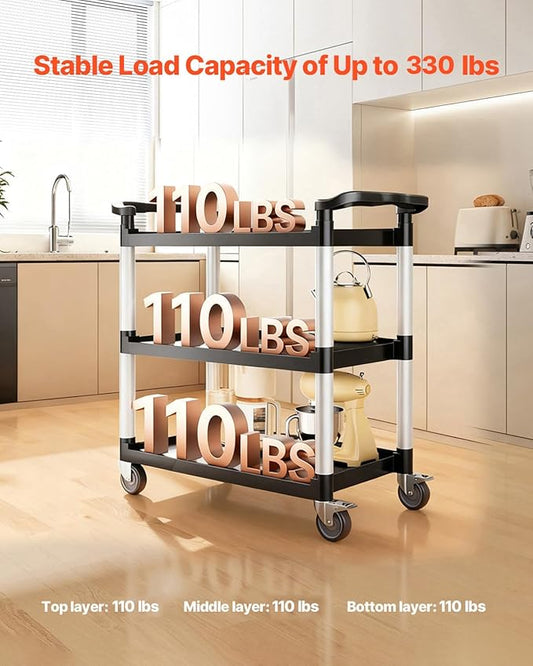 VEVOR Utility Cart, 330 lbs Load Capacity, 3-Tier Utility Plastic Cart with 360° Swivel Wheels (2 with Brakes), 31.1 x 19.3-inch Food Service Cart for Warehouse, Office, Home, Restaurant, Kitchen