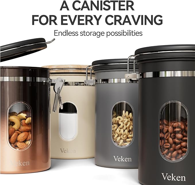 Veken 22oz Airtight Coffee Canister with Window | 304 Stainless Steel | CO2 Valve + Date Tracker + Free Scoop | Coffee Bean & Ground Storage