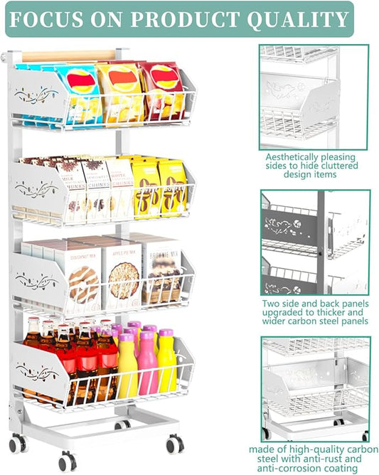 Heavy 4-Tier Snack Cart with Wheels ,Removable Rolling Pantry Floor Organizers ,Upgraded Wider and Thicker, Kitchen Fruit Basket Stand and Storage Rack for Fruit Snack Onion Potato