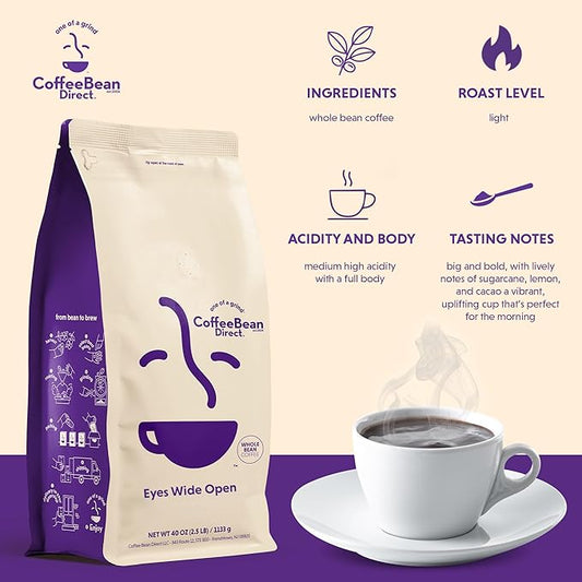 Coffee Bean Direct Eyes Wide Open, Whole Bean Coffee, Light Roast, 2.5 Pound Bag (Pack of 1)