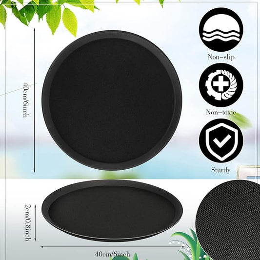 Lallisa 8 Pcs 16'' Large Restaurant Serving Trays with Rubber Lined Plastic Non Slip Tray Non Skid Round Serving Platter Server Tray for Bar Drink, Cafeteria Food, Coffee, Table, Hotel, Party, Black
