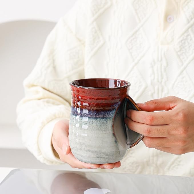 Mkour 21oz Large Ceramic Coffee Mugs, Handmade Tea Cups with Comfortable Handle for Office and Home, Microwave and Dishwasher Safe (Ink Red)