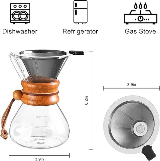 Pour Over Coffee Maker with Stainless Steel Filter, Pour Over Coffee,Pour Over Coffee Dripper, 13.5 OZ, Drip Coffee Maker, High Heat Resistant Carafe, also for Camping, Hiking