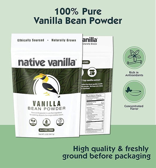 Vanilla Bean Powder - 2 oz - Premium 100% Pure Ground Vanilla Bean Powder - For Cooking, Baking, Coffee, Smoothies & Desserts - No Fillers or Additives, Raw & Unsweetened - Native Vanilla