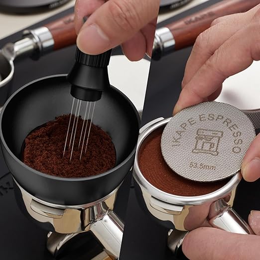 IKAPE Magnetic Dosing Funnel Set, 53MM Espresso Dosing Ring & Puck Screen Kit Compatible with 53 mm Bottomless Portafilter - with 10 Small Magnet (Black)