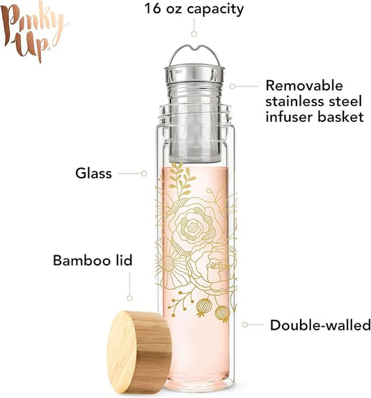 Pinky Up Blair Travel Infuser Mug, Double-Walled Glass, Stainless Steel Strainer, 16 Oz, Bouquet