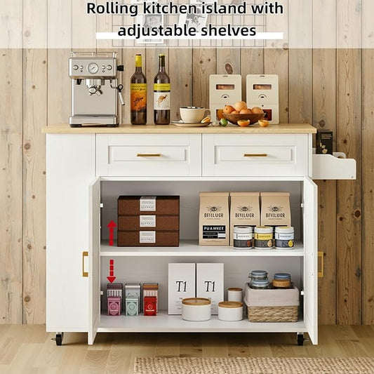 IRONCK Kitchen Island with Power Outlet & Drop Leaf, 47.2" Width Rolling Kitchen Island on Wheels with Storage, Mobile Kitchen Island Cart with Spice Rack, Open Shelves and Drawer, White
