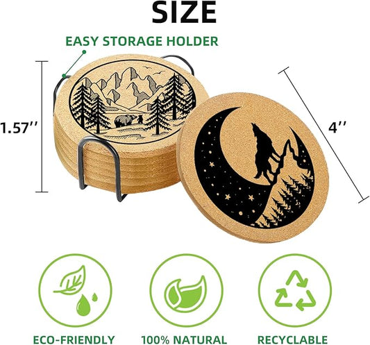 Coasters for Drinks with Holder Set of 6, Mountain Cork Coaster Absorbent Wood for Cup Desk Office Table Kitchen Decor House Warming Gifts for New Home Couples, Round 4"