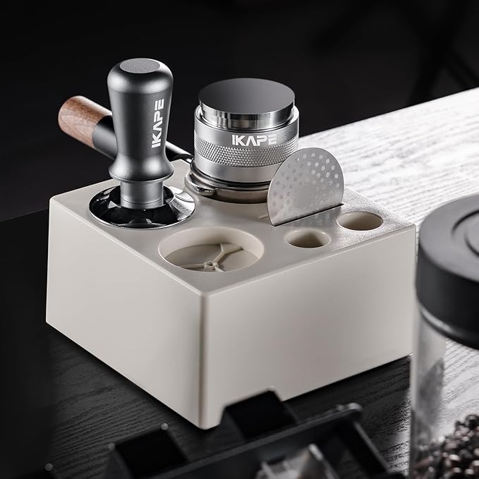 IKAPE 58mm Espresso Tamper Kit Silver 7 IN 1, Coffee Tamper Set comprising a Tamper, Distributor, Magnetic Dosing Funnel, Puck Screen, Station, WDT Tool, along with a Cleaning Towel and Brush