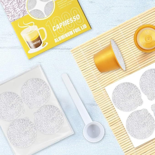 CAPMESSO Espresso Foils and Refillable Capsules-Seal Lids to Reusable Capsules Coffee Pod Compatible with Nespresso Original Line Machines (Silver -1000pcs Lids+6 pcs Pods)