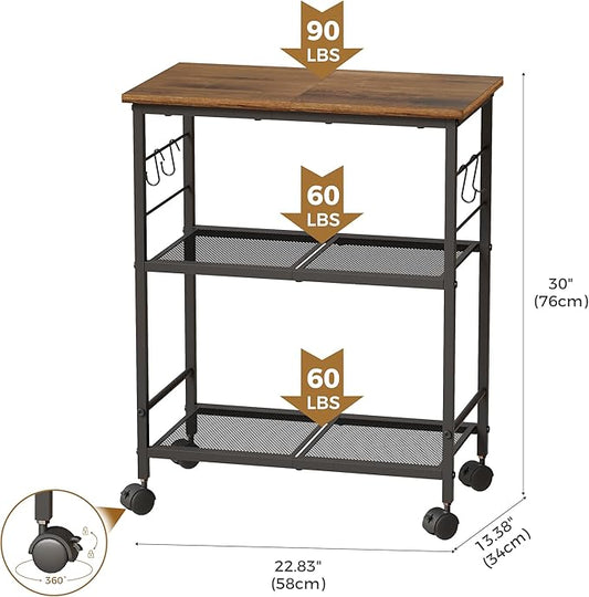 BEWISHOME Rolling Kitchen Cart 3 Tier, Microwave Kitchen Cart with Storage Function, Practical Roller Cart with 4 Locking Wheels for Kitchen, Living Room, Bathroom, Office, Bar (Brown)