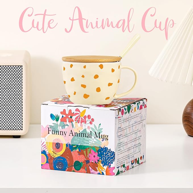 Giraffe Mug Cute Coffee Mug with 3D Animal Inside Ceramic Tea Cup with Lid Spoon Cool Animal Stuff Unique Friendship Birthday Gifts for Women Men Friend Coworkers Sister Kids Giraffe Christmas Gifts