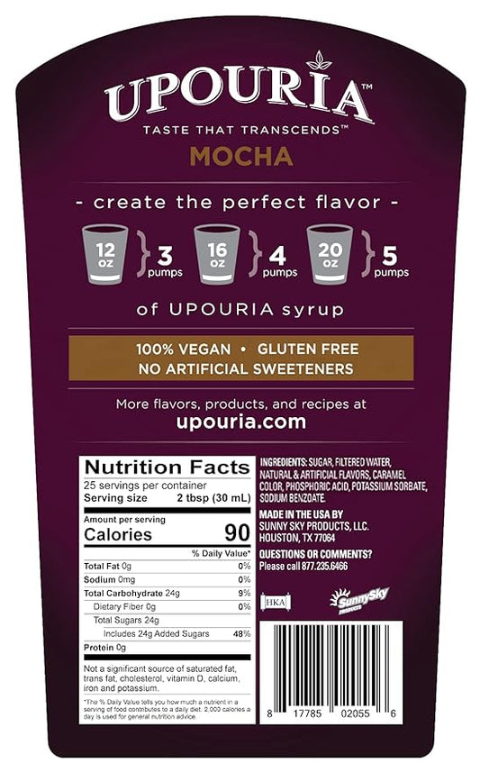 Upouria Mocha Coffee Syrup Flavoring, 100% Vegan, Gluten-Free, Kosher, 750 mL Bottle (Pack of 2) with Coffee Syrup Pump