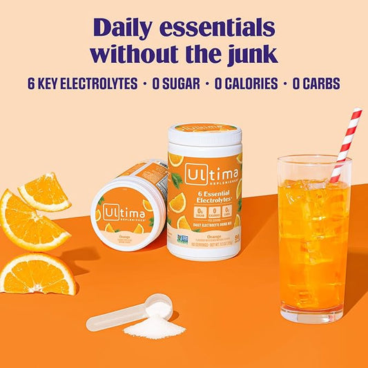 Ultima Replenisher Daily Electrolyte Powder Drink Mix – Sugar Free – Orange, 90 Servings – Hydration Powder with 6 Key Electrolytes and Trace Minerals – Keto Friendly, Vegan, Non-GMO