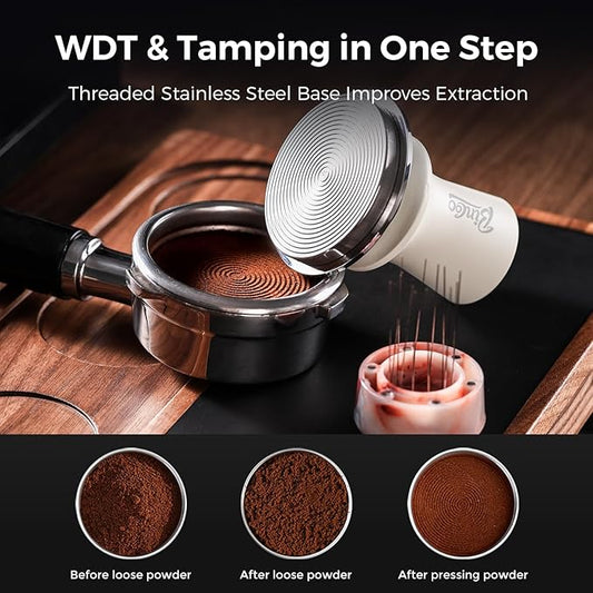 Bincoo 58mm 2-in-1 Coffee Tamper & WDT Tool,Espresso Tamper with Distributor Stirrer Function,Magnetic Espresso Tamper with 12 Needles,Stainless Steel Base Tamper Espresso Tool (Pink)