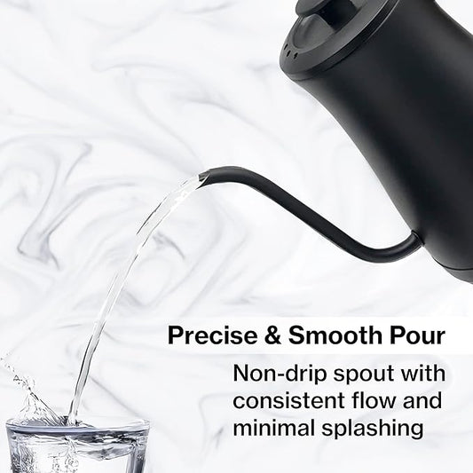 PantryPro Gooseneck Electric Kettle with Temperature Control, 34oz/1.0L Rapid Boil, Stainless Steel Interior, Auto Shut-Off, 1500W, Boil-Dry Protection, LED Indicator - Black