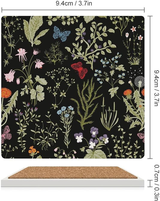Square-4PCS Botanical Ceramic Coasters, Square Absorbent Drink Coasters, Colorful Cartoon Abstract Botanical Mushroom Plants Pattern Ceramic Table Coasters for Coffee, Beverage, Wine, Beer Coasters