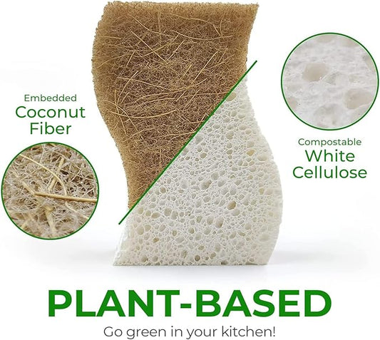 AIRNEX Biodegradable Natural Kitchen Sponge - Compostable Cellulose and Coconut Walnut Scrubber Sponge (24 Pack)