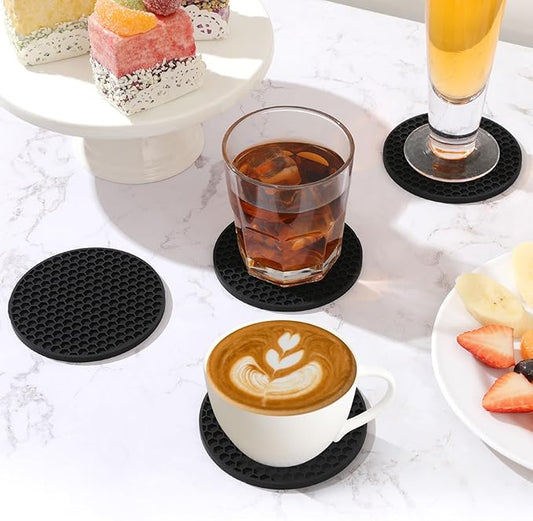 Silicone Coaster Set of 16 with Holder - Anti-Slip, Non-Stick, Anti-Overflow Tabletop Protection and Decor (Black, 16 Pcs)