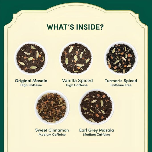 VAHDAM, Assorted Chai Tea Bags Sampler (5 Flavors, 20 Ecofriendly Pyramid Teabags) I Valentines Day Gifts for Him & Her | Masala Chai Teas Varieties from India | Gluten Free & Non GMO