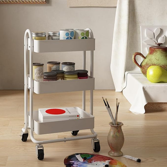 3-Tier Rolling Cart,Metal Rolling Utility Cart with Handle,Steel Multifunction Carts with Wheels,Kitchen Storage Carts Suitable for Office,Home,Kitchen,Garden(13.4"x18.1"x31") White