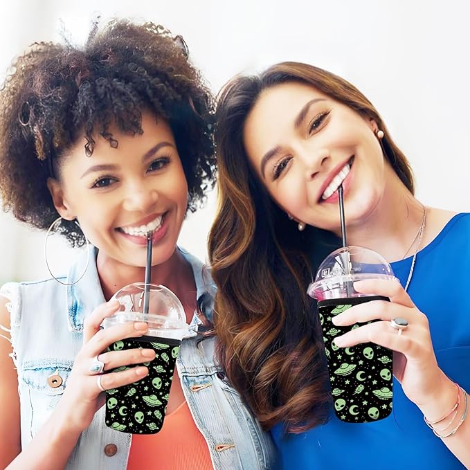 3 Pack Reusable Neoprene Insulator Sleeve for Iced Coffee Cups, Funny Coffee Cup Sleeves for 16-32oz Coffee cups, Cute Drink Sleeve for Cold Hot Beverages Cute Green Alien