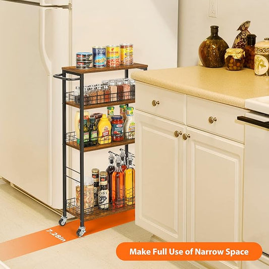 YBING Slim Storage Cart 4 Tier Narrow Kitchen Rolling Cart with Wooden Tabletop Mobile Utility Stand on Wheels for Bathroom Laundry Narrow Places Rustic Brown 16.5''L X 7.3''W X 34.6''H