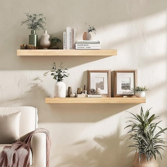 Floating Wall Shelves 30x6.8x1.7 Inch – Solid Wood Rustic Shelves in Natural Wood Finish – Wall Mounted Heavy Duty Display Shelf for Kitchen, Bedroom, Living Room – Set of 2