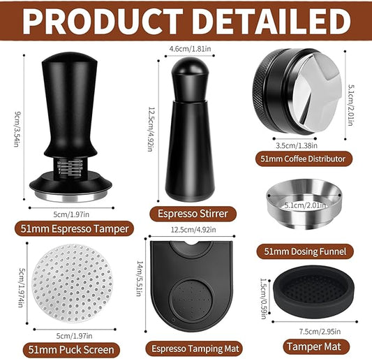 7pcs Espresso Accessories:51mm Espresso Tamper,Coffee Distributor,Puck Screen,Tamper Mat,Dosing Funnel, WDT Tool Espresso Machine Accessories for Home Coffee Shop As Father's Day Valentine's Day Gift