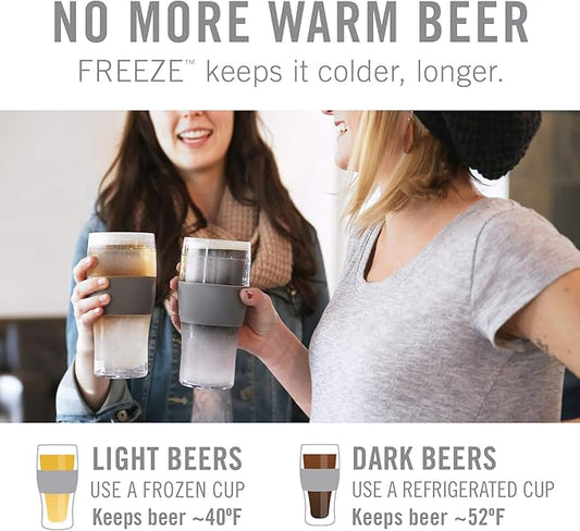 HOST Freeze Beer Glasses, 16 ounce Freezer Gel Chiller Double Wall Plastic Frozen Pint Glass, Set of 4, Black and Grey