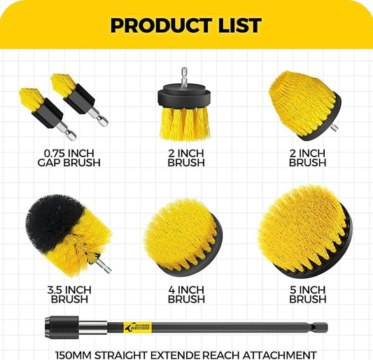 Holikme 8 Piece Drill Brush Attachments Set, Power Scrubber with Extend Long Attachment,Cleaning Supplies for Bathtub, Shower, Grout, Tile(Yellow)