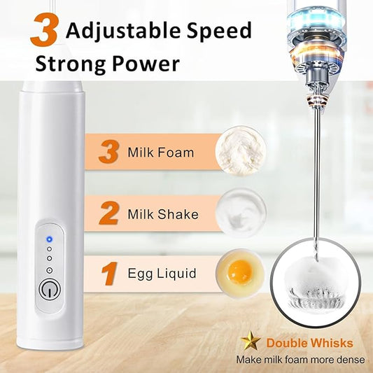 Rechargeable Milk Frother Handheld, USB-C Coffee Foam Maker with Stainless Steel Whisk & 3 Speeds, Coffee Frother Electric Hand Drink Mixer Stirrer for Matcha, Hot Chocolate,Frappe,Powder Drink(White)