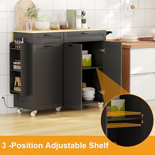 Rolling Kitchen Island with Power Outlet & Drop Leaf, Kitchen Cart with Trash Storage Cabinet, Rolling Island with Spice Rack & Towel Rack, Knife Holder