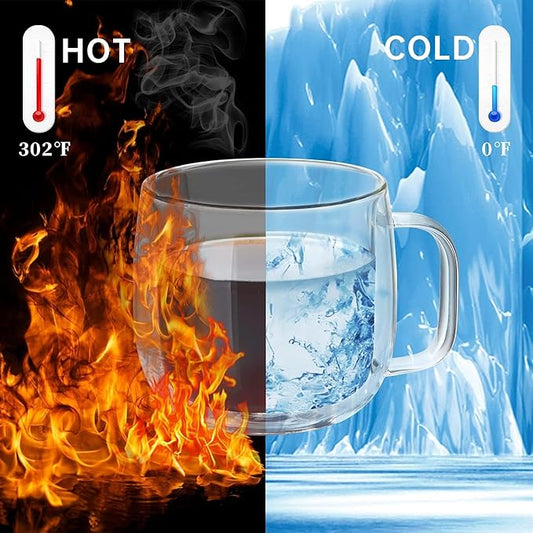 Unbreakable Double Walled Glass Coffee Mugs 10 fl oz, Microwave & Refrigerator Safe, Borosilicate Glass Insulated Coffee Mugs Set of 2 for Espresso, Cappuccino, Latte, Americano, Tea, Beverage