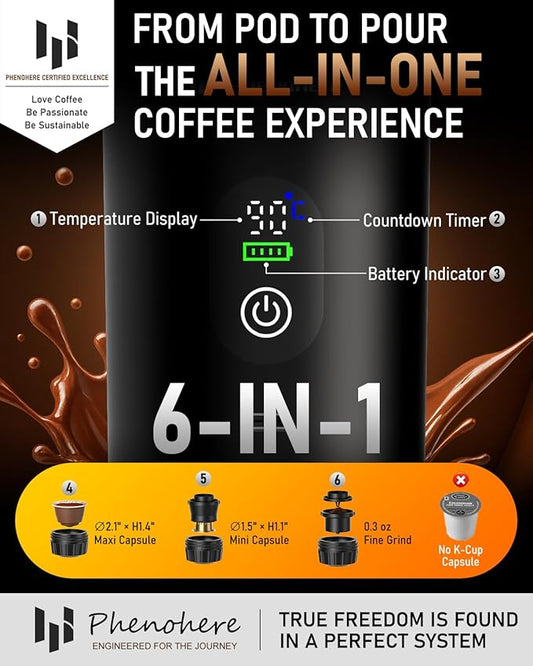 6-in-1 Portable Electric Espresso Machine–20Bar Self‑Heating camping coffee maker with 7500mA Battery,Display,compatible with Large/Small Capsules&Coffee Powder for Travel,Camping,Car&Office
